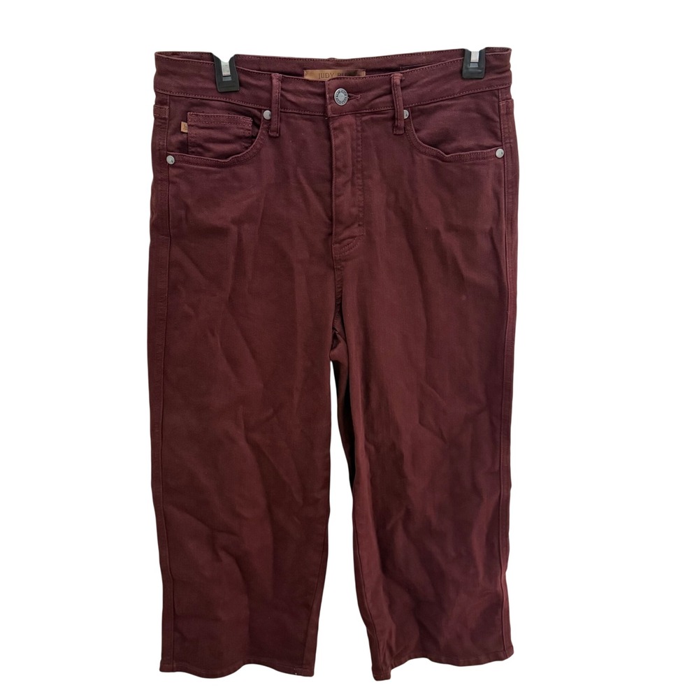 Judy Blue‎ Womens Garment Dyed Burgundy Cropped Wide Leg Jeans Size 9/29 Stretch